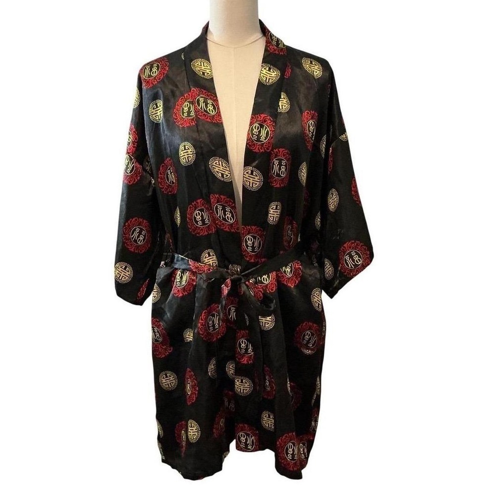 Qiong Yu Silk Robe Unisex One Size Black Red Gold Chinese Medallion Vintage